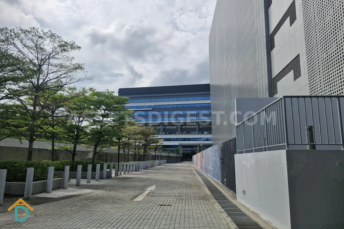 Empty paved walkway flanked by bollards and trees, running between a perforated-facade building and an office block