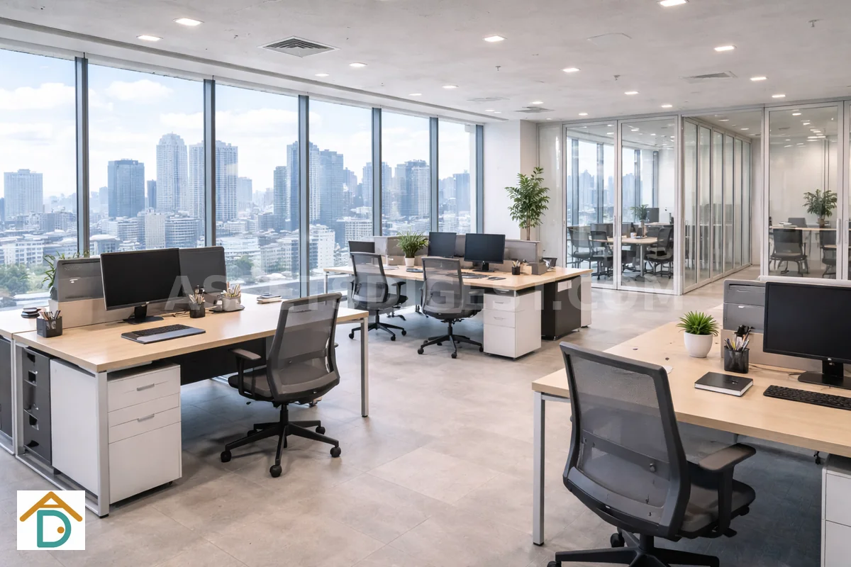 Bright open-plan office with a city skyline view