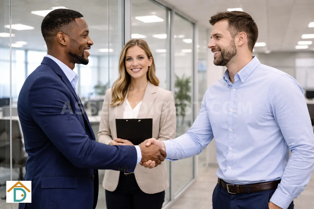 Two businessmen shaking hands in an office corridor