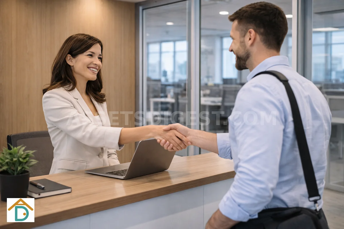 Receptionist shaking hands with a visitor at the front desk
