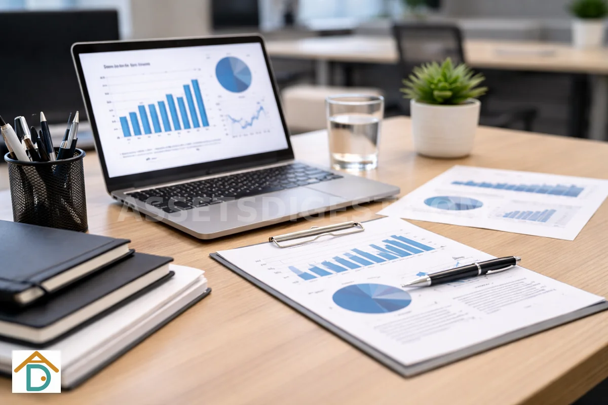 Laptop and printed business reports with charts on a desk