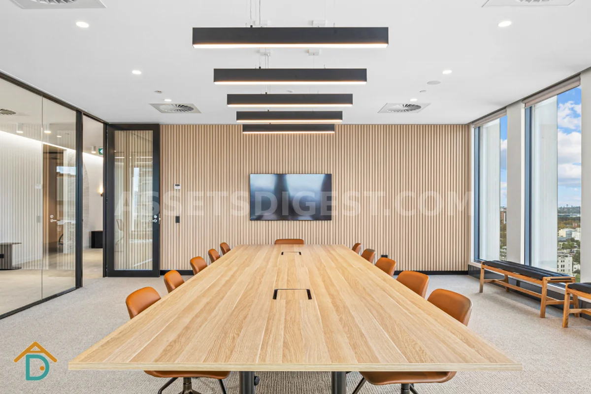 Modern conference room with a city view