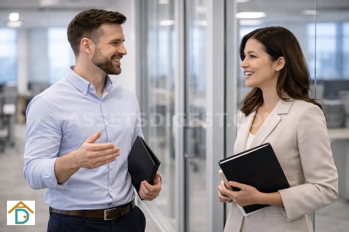 Two colleagues talking in an office hallway