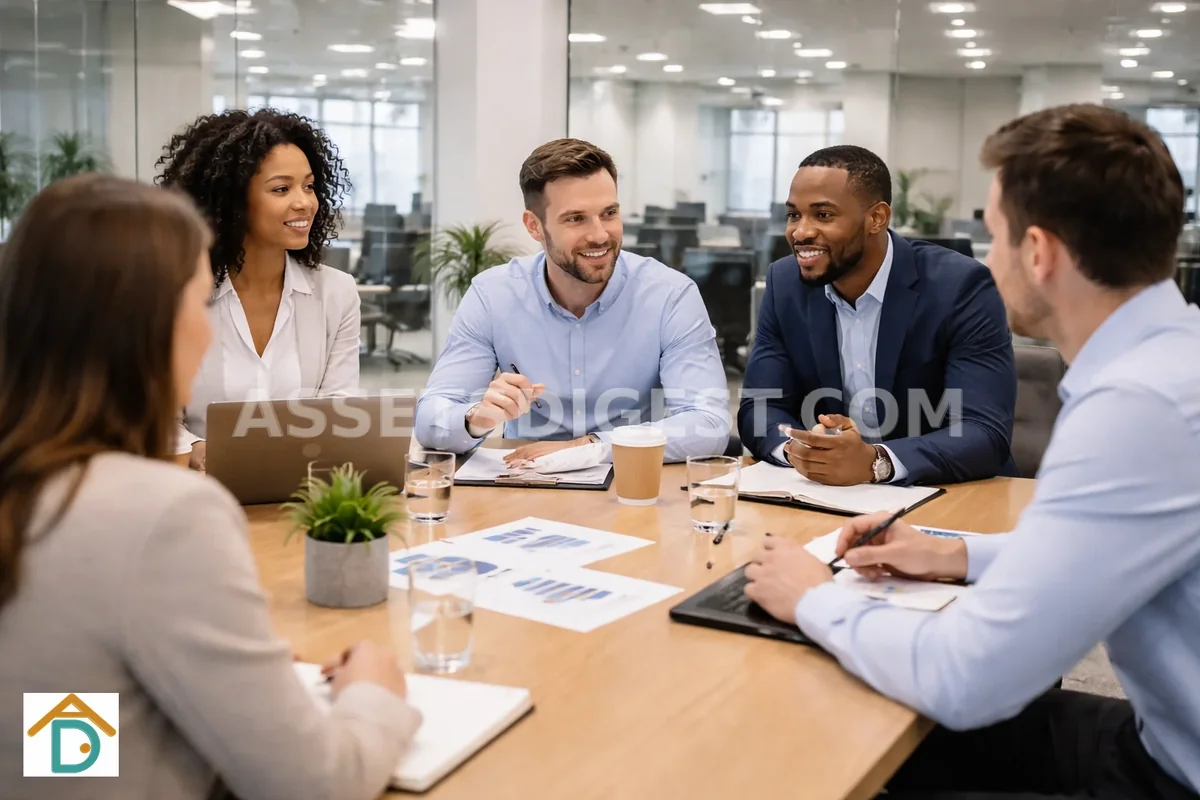 Five professionals discussing around an office table