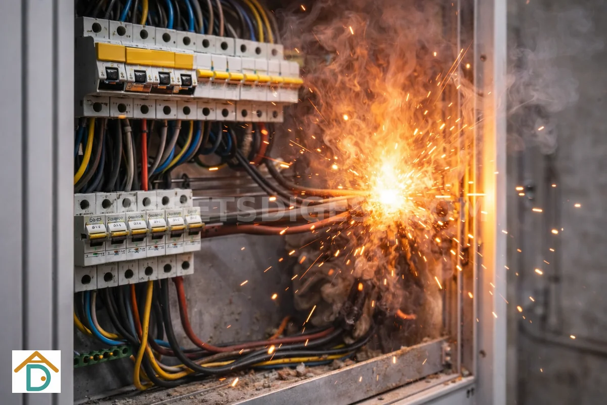 Sparks and fire coming from an electrical circuit breaker panel