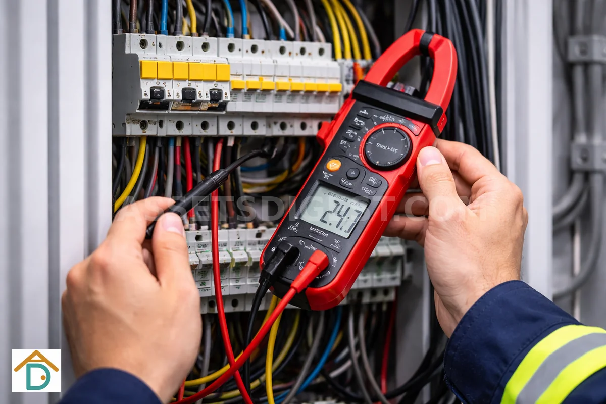 Technician testing an electrical panel with a clamp multimeter