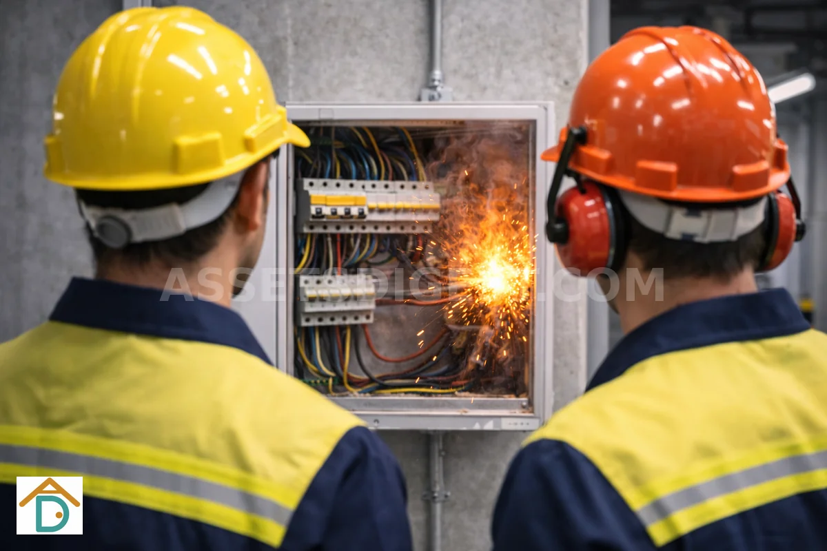 Two technicians in hard hats inspecting a sparking electrical panel