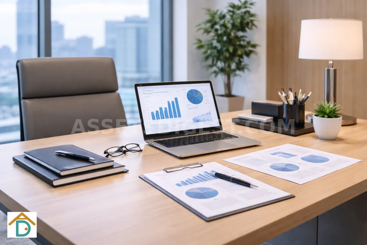 Executive desk with laptop showing charts and city view