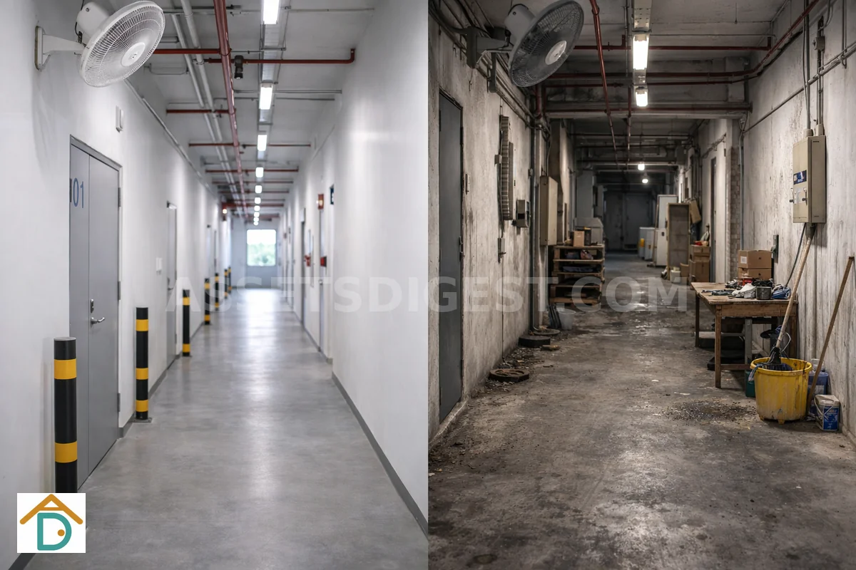 Before and after comparison of a renovated industrial corridor
