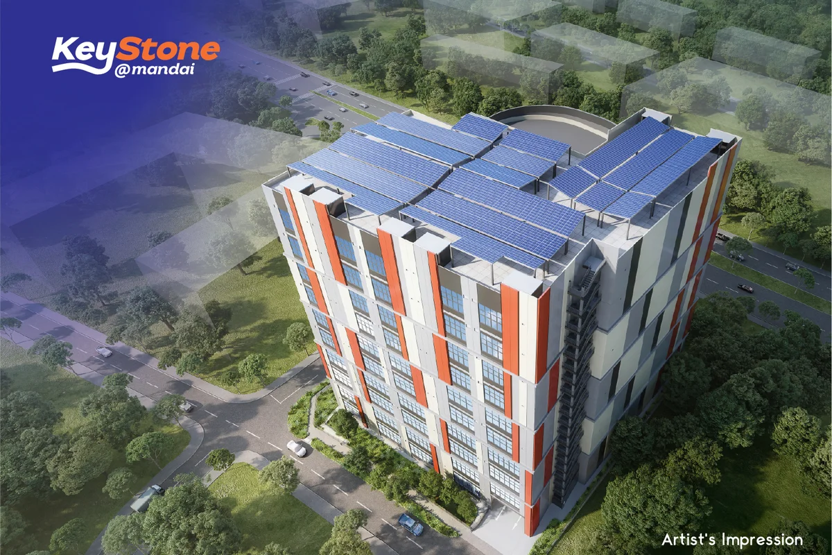 Aerial artist's impression of KeyStone @ Mandai, a 10-storey freehold B2 industrial building surrounded by greenery near Mandai Road