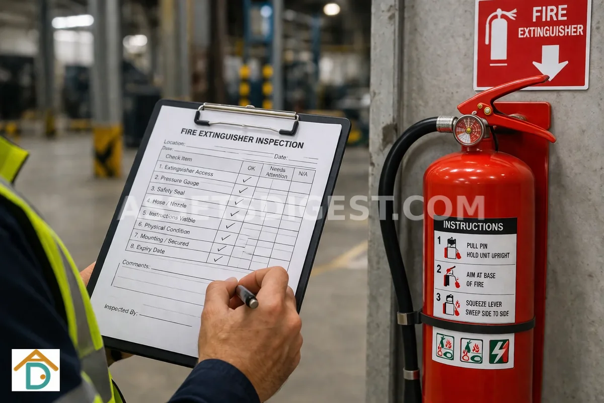 Worker completing a fire extinguisher inspection checklist