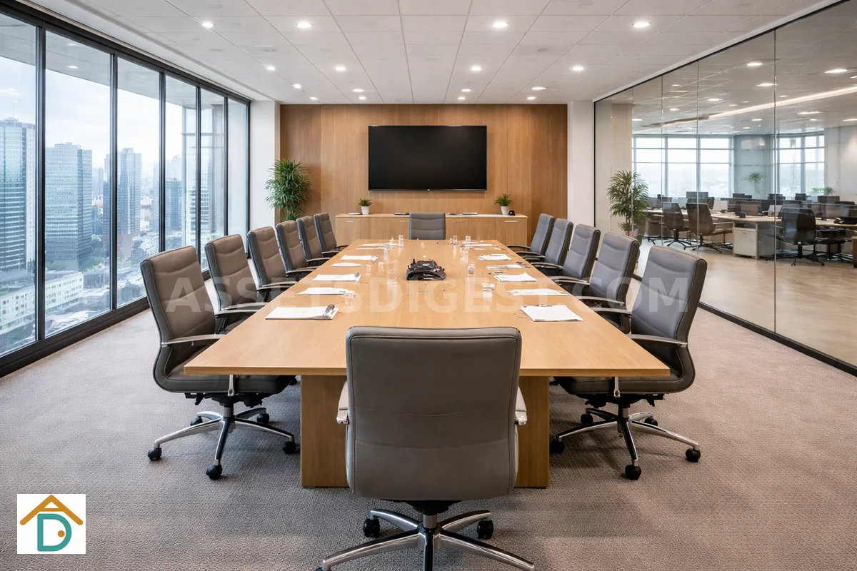 Empty modern corporate conference room with city view
