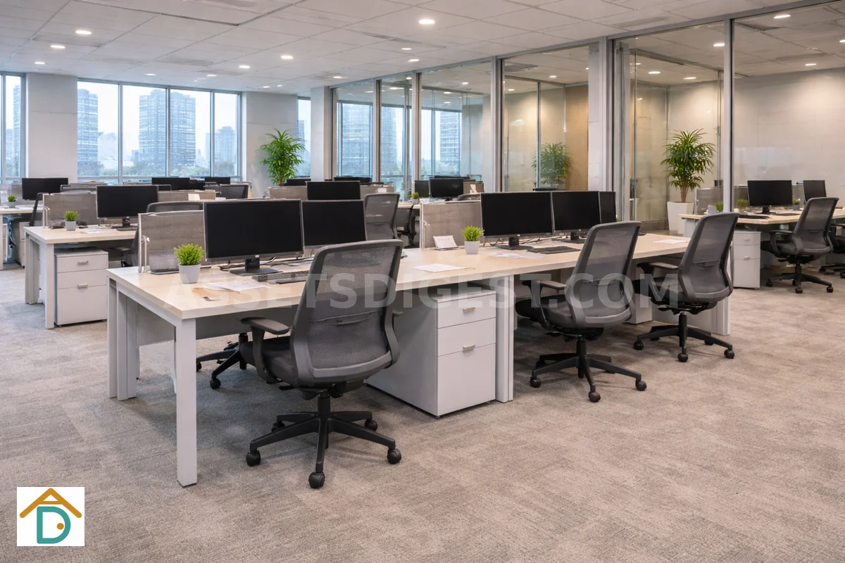 Open-plan office with desks and a city skyline view