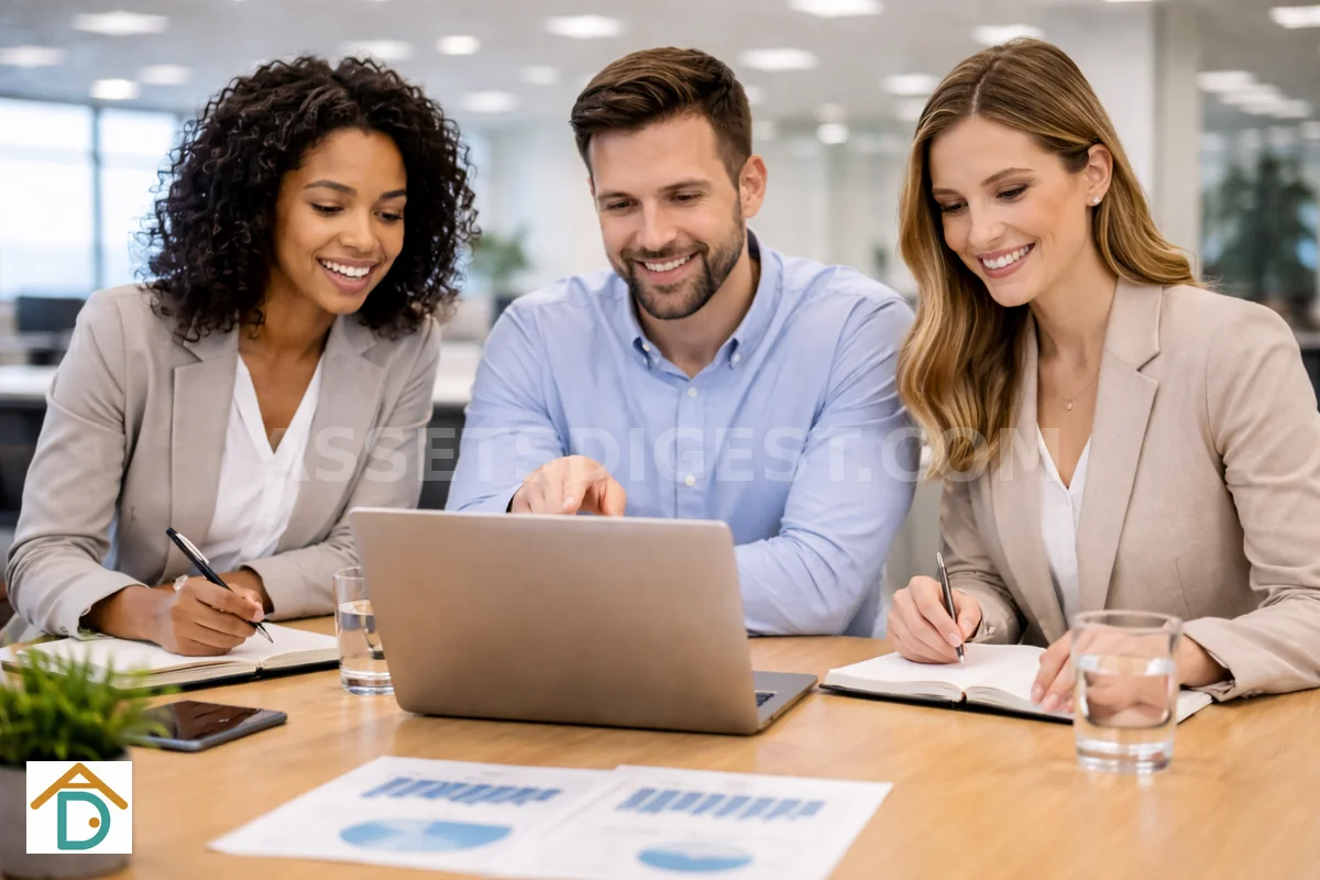 Three colleagues discussing charts on a laptop