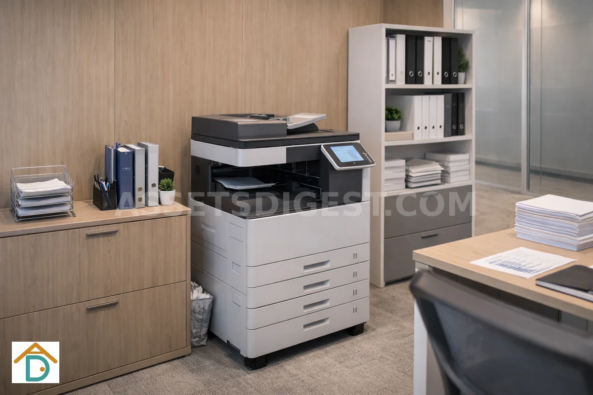 Office copy room with a large multifunction printer