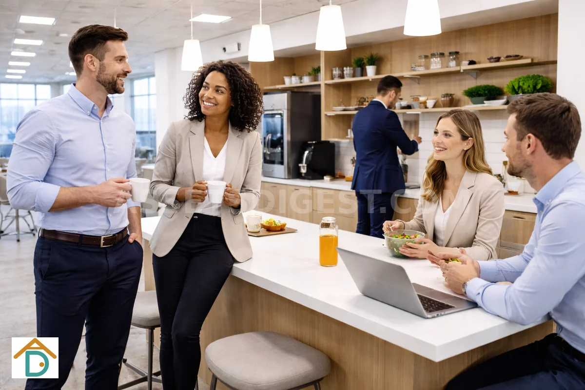 Colleagues socialising in an office pantry area