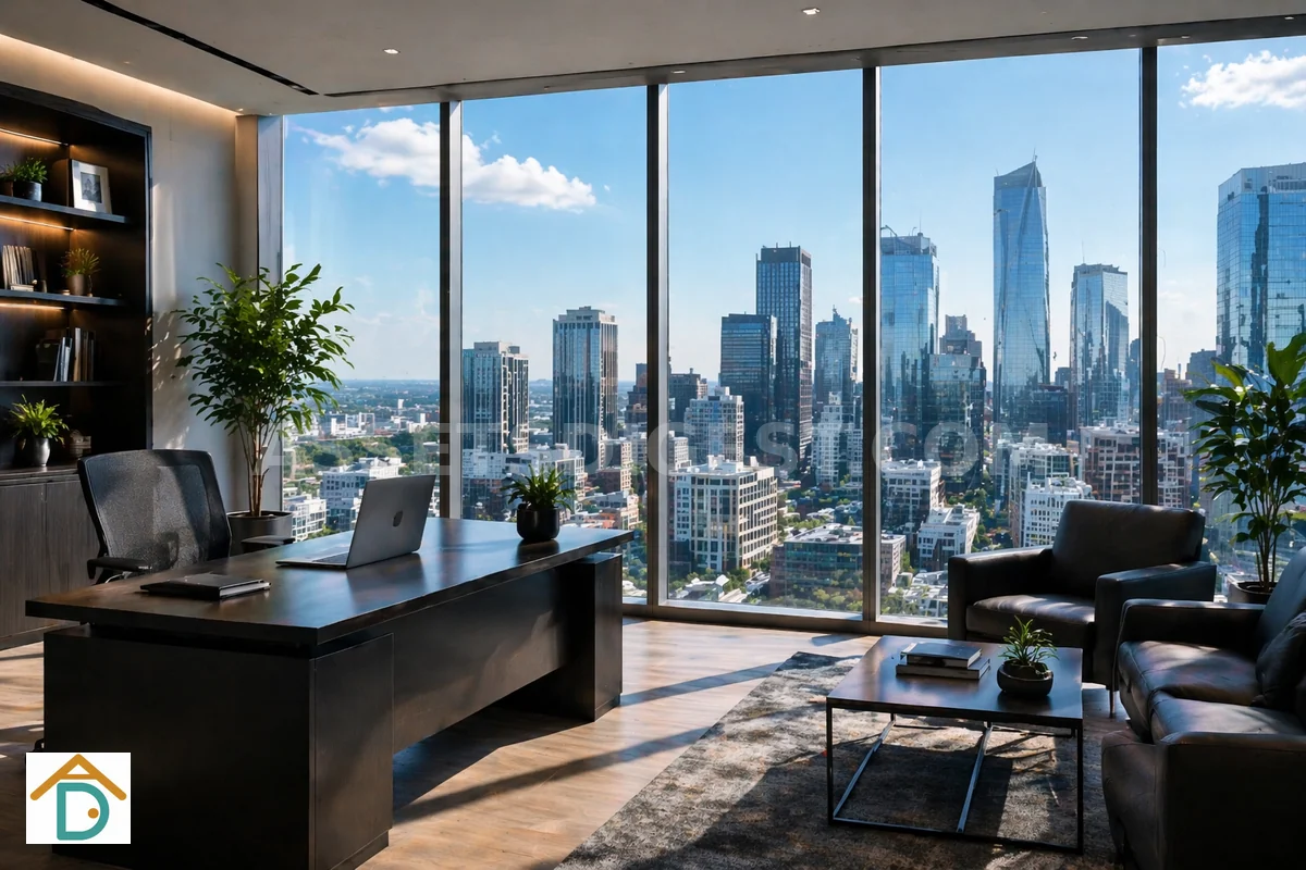 Luxury executive corner office overlooking a city skyline