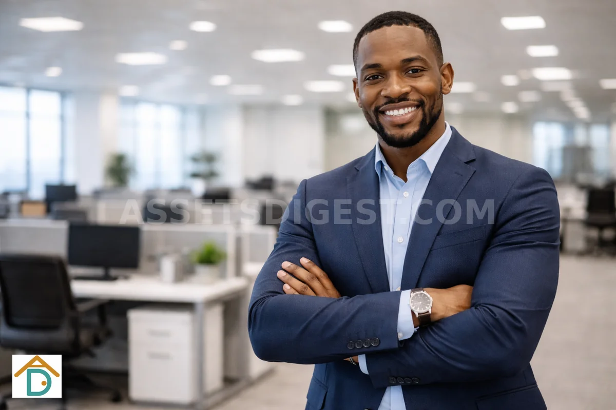 Businessman standing with arms crossed in an office