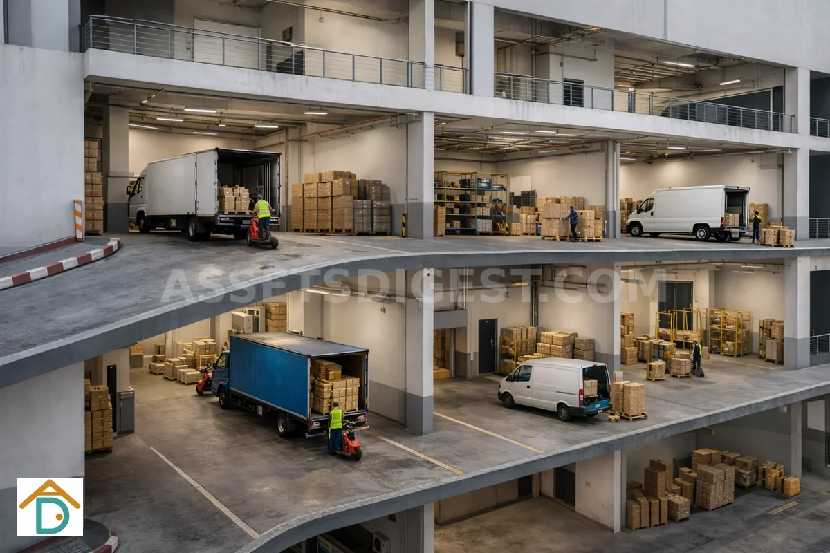 Industrial property layout illustrating turning radius and container vehicle access