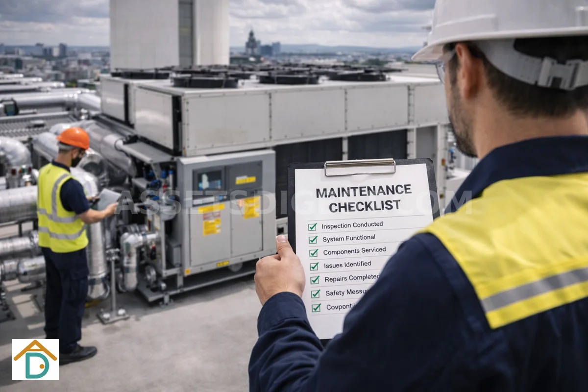Technician holding a maintenance checklist beside rooftop HVAC units