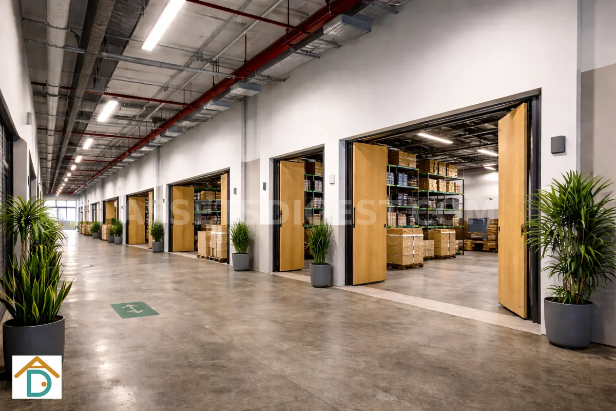 Corridor of open self-storage unit doors