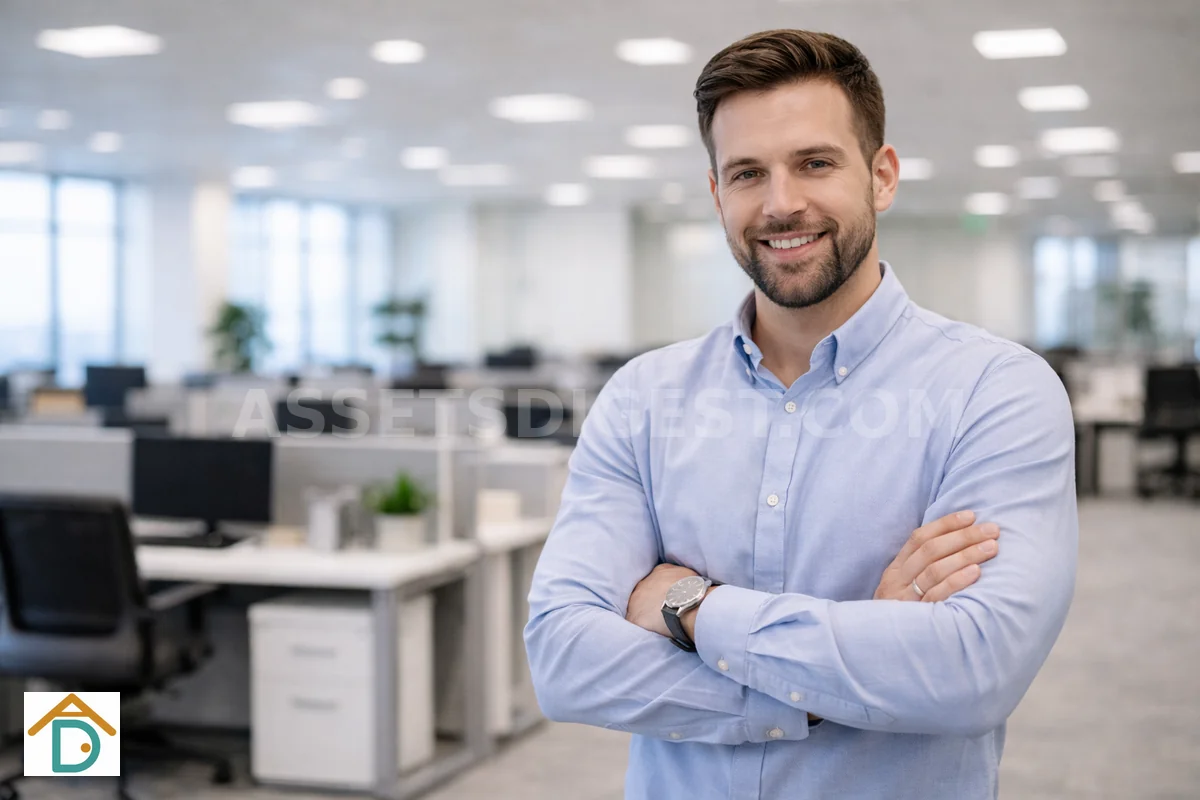 Smiling professional man standing in an office