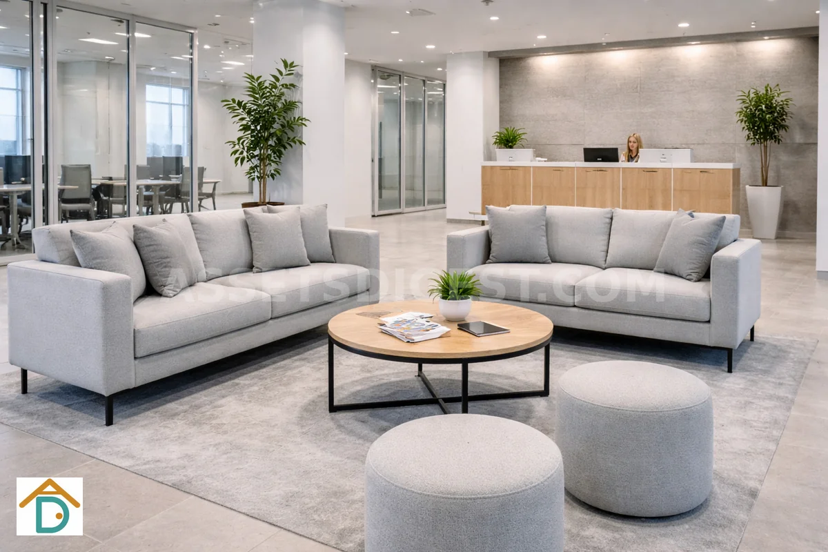 Contemporary office reception waiting lounge with sofas