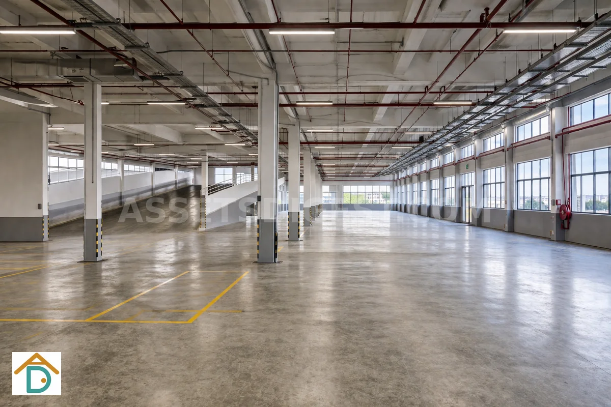 Empty industrial warehouse space with concrete floor and ramp