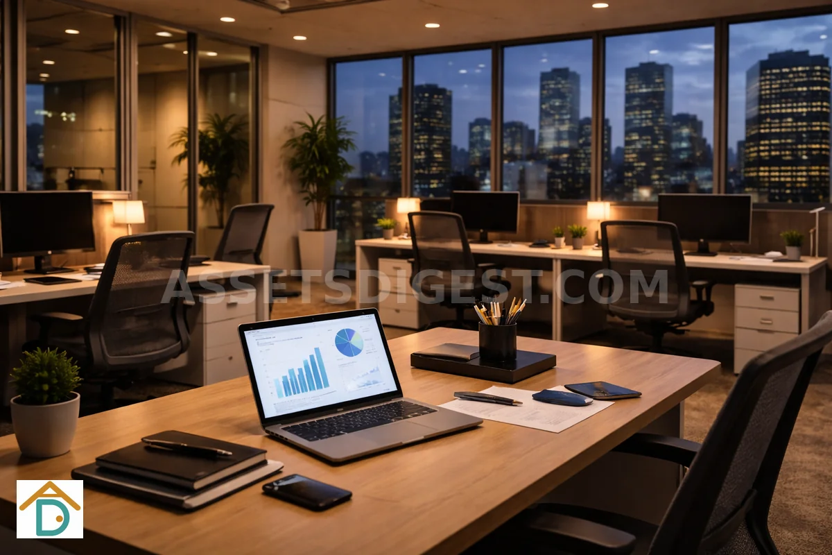 Office desk with laptop and city skyline at night